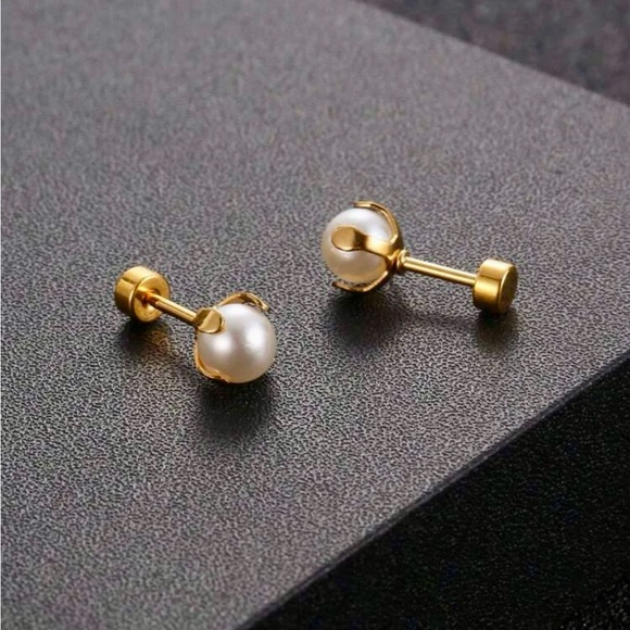 18k Plated- 16 gauge Faux Pearl Flat Back Earring Studs NWT - Picture 10 of 12